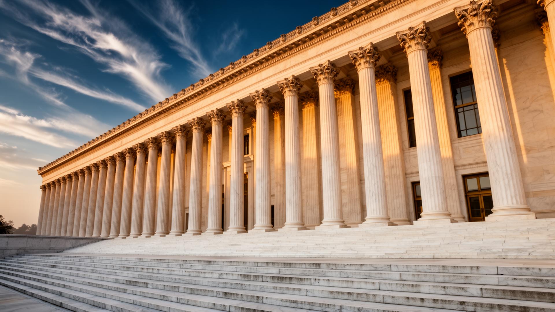 Neoclassical colonnade with Corinthian columns at golden hour